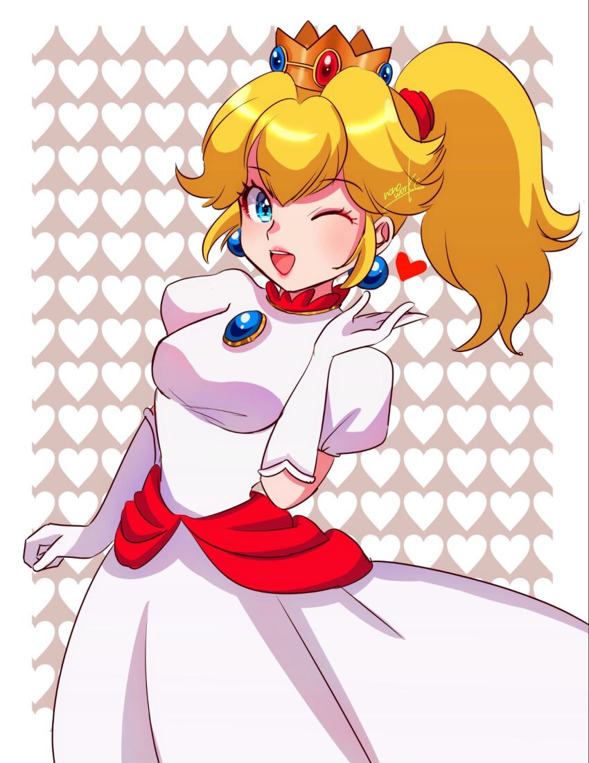 1girl blonde_hair blue_eyes crown dress earrings fire_peach gloves heart highres jewelry lips mario_(series) nintendo nonoworks one_eye_closed ponytail princess_peach sphere_earrings super_mario_3d_world wink