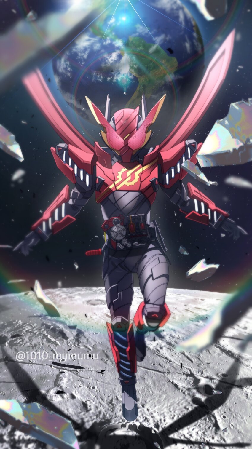 1010_mumumu 1boy absurdres alternate_costume armor build_driver commentary compound_eyes debris rider_belt floating fullbottle fullfull_bottle gauntlets hazard_trigger highres kamen_rider kamen_rider_build kamen_rider_build_(series) landing moon official_alternate_costume rabbit+rabbit_form red_armor red_eyes rider_belt science_fiction space spring_(object) standing standing_on_one_leg symbol-only_commentary tokusatsu zero_gravity