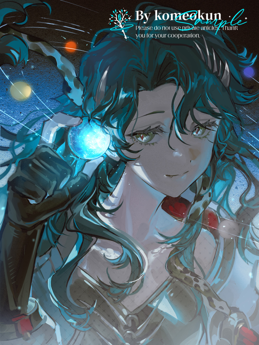 1girl ball bare_shoulders black_gloves blue_hair character_name closed_mouth dark_background dress fang fang_out gloves green_eyes grey_dress hand_up highres hissabeth holding holding_ball komeokun long_hair partially_fingerless_gloves red_pupils reverse:1999 slit_pupils smile snake snake_on_head solo upper_body