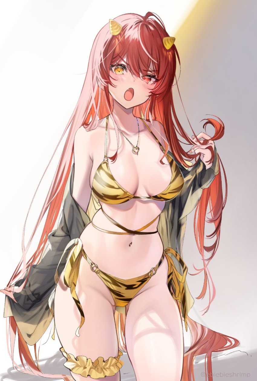 1girl animal_print bikini breasts cosplay cowboy_shot frilled_thigh_strap hair_between_eyes heart heart_necklace heterochromia highres holding holding_own_hair hololive houshou_marine jewelry large_breasts long_hair long_sleeves looking_at_viewer lum lum_(cosplay) navel necklace open_mouth print_bikini red_eyes red_hair shuri_(84k) side-tie_bikini_bottom solo standing stomach string_bikini swimsuit thigh_strap tiger_print twitter_username very_long_hair virtual_youtuber yellow_eyes