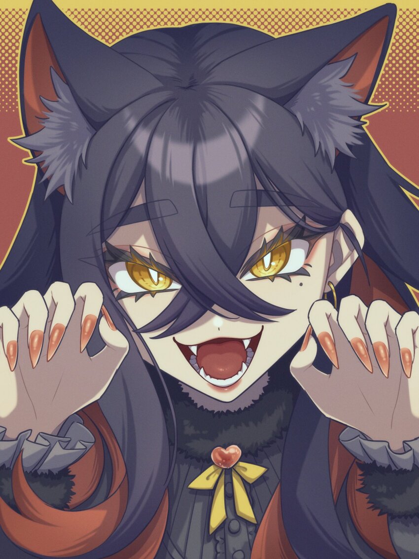 1girl :3 alternate_costume animal_ear_fluff animal_ears black_hair black_shirt bow bowtie brooch carmine_(pokemon) cat_ears center_frills claw_pose colored_inner_hair crossed_bangs fangs fingernails frilled_sleeves frills fur_trim hair_between_eyes heart heart_brooch highres jewelry kemonomimi_mode long_fingernails long_hair looking_at_viewer mole mole_under_eye multicolored_hair nintendo open_mouth outline pokemon pokemon_sv polka_dot polka_dot_background portrait red_background red_hair red_nails saba_chimera sharp_fingernails shirt slit_pupils smile solo yellow_background yellow_bow yellow_bowtie yellow_eyes yellow_outline