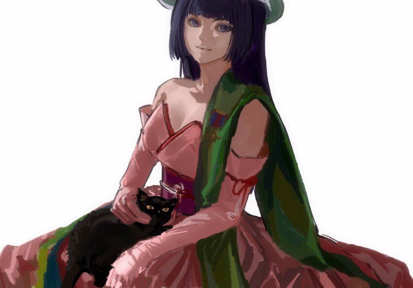 1girl animal animal_on_lap ashashio black_cat blue_hair breasts cat cat_on_lap cleavage detached_sleeves dress featherine_augustus_aurora green_sash highres hime_cut horns japanese_clothes long_hair medal on_lap petting pink_sleeves purple_eyes sash smile umineko_no_naku_koro_ni white_background