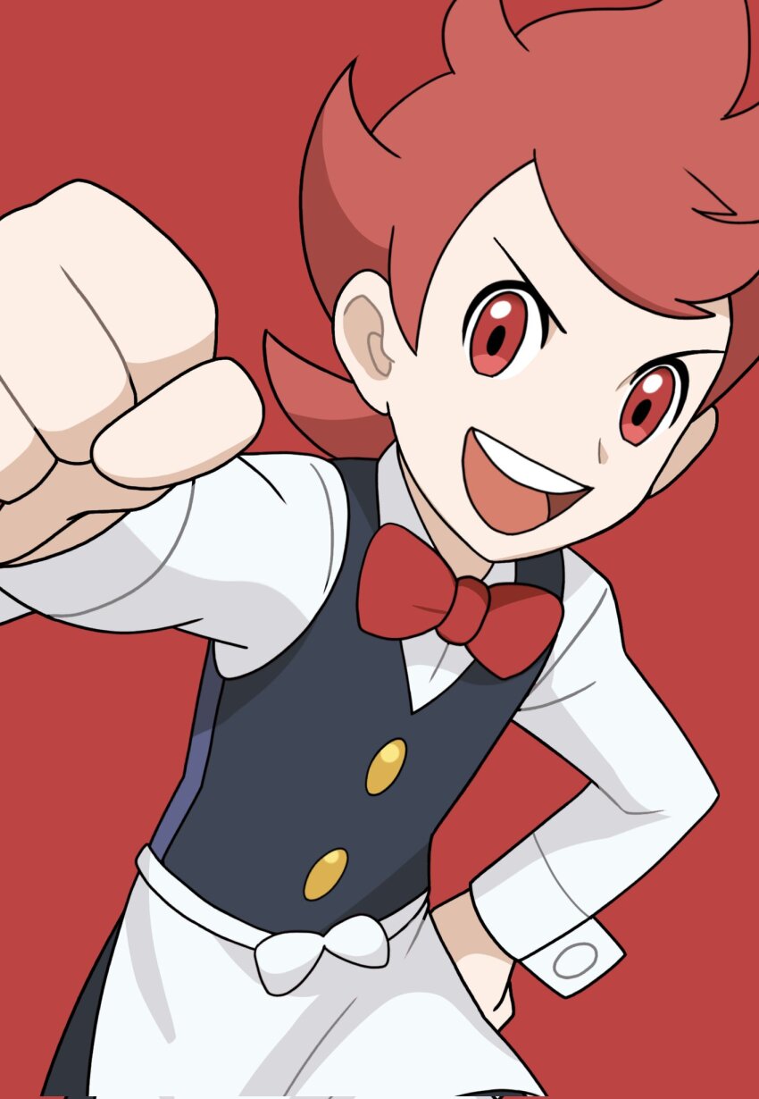 1boy :d apron black_vest bow bowtie chili_(pokemon) clenched_hands collared_shirt hand_on_own_hip highres leaning long_sleeves male_focus nakikot_t nintendo open_mouth pokemon pokemon_bw red_background red_bow red_bowtie red_eyes red_hair round_teeth shirt simple_background smile solo teeth tongue upper_teeth_only vest waist_apron white_apron white_shirt