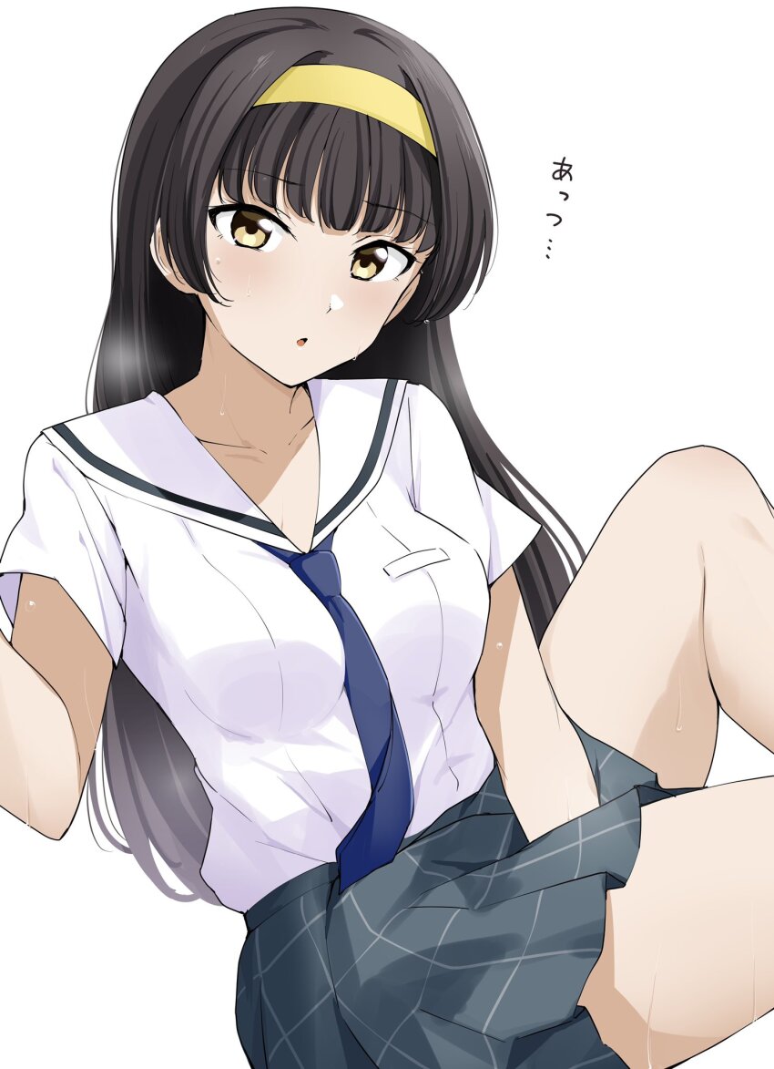 1girl arm_between_legs barkhorn0331 black_hair blue_necktie blush breath cinderella_series collarbone grey_skirt hachigatsu_no_cinderella_nine hairband highres knee_up long_hair looking_at_viewer necktie open_mouth plaid_clothes plaid_skirt pleated_skirt sailor_collar satogahama_school_uniform school_uniform serafuku shirt short_sleeves simple_background sitting skirt solo sweat tsukishima_yui_(hachigatsu_no_cinderella_nine) white_background white_sailor_collar white_shirt yellow_eyes yellow_hairband