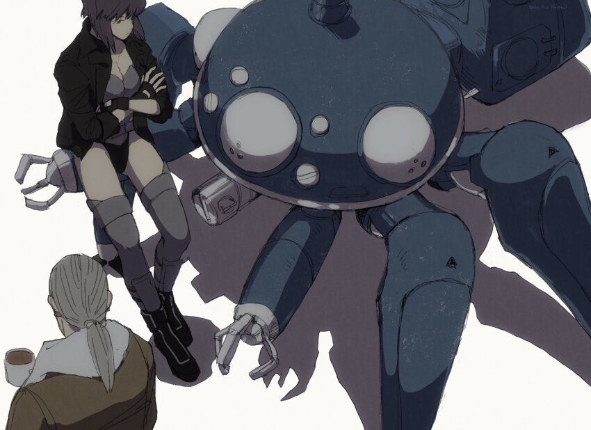 1boy 1girl batou_(gits) black_footwear black_gloves black_jacket breasts brown_jacket cleavage closed_mouth crossed_arms cup fingerless_gloves from_above ghost_in_the_shell ghost_in_the_shell:_stand_alone_complex glove_cutout gloves grey_hair hamau highres holding holding_cup jacket kusanagi_motoko leotard mecha non-humanoid_robot open_clothes open_jacket ponytail purple_hair robot shadow simple_background standing tachikoma thighhighs white_background