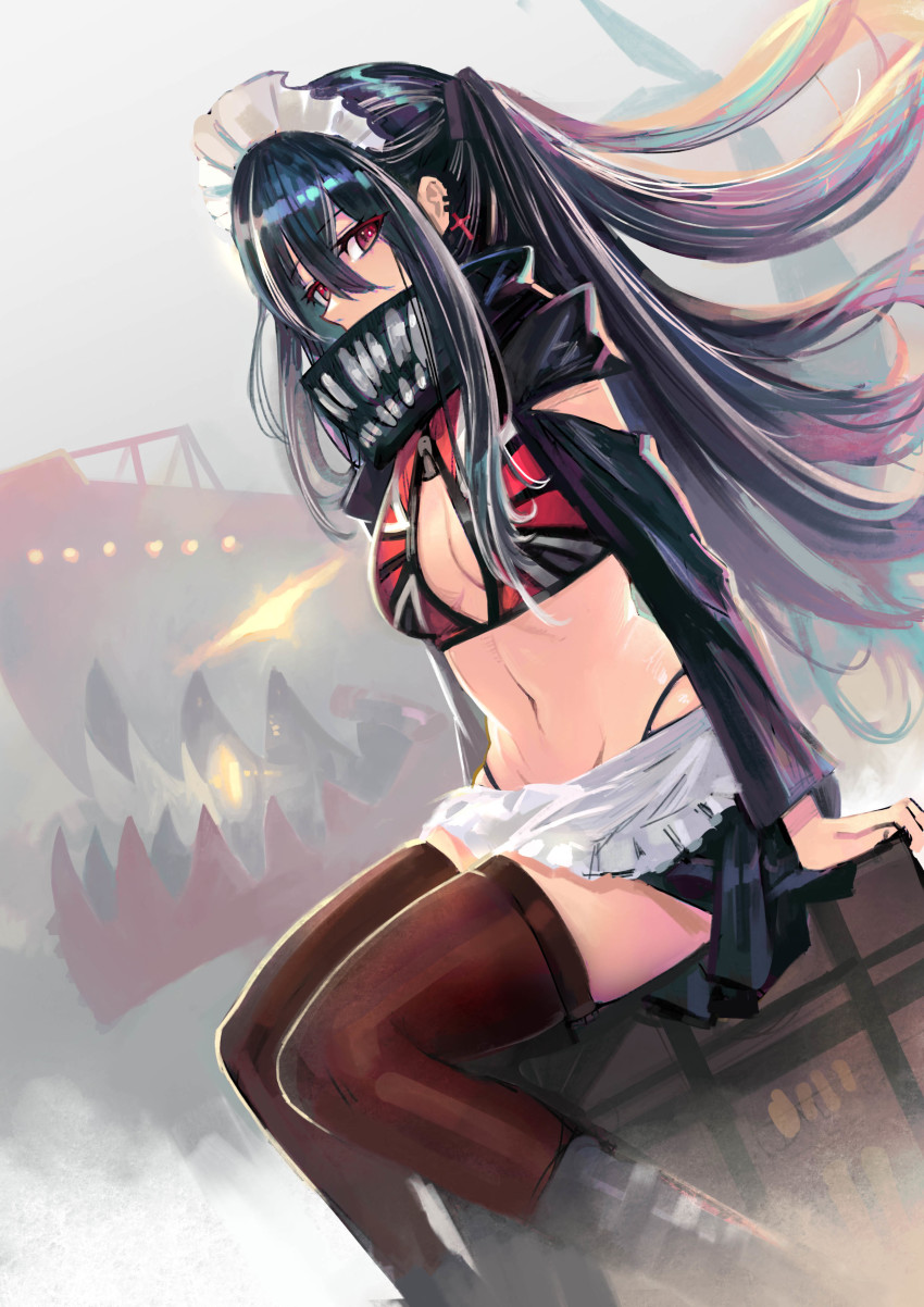 1girl absurdres apron azur_lane black_hair breasts brown_thighhighs center_opening covered_mouth cross cross_earrings ear_piercing earrings frilled_apron frills from_side hair_between_eyes highres jewelry kaki_z3 long_hair looking_at_viewer maid_headdress medium_breasts multicolored_hair navel official_alternate_costume piercing red_eyes scarf scarf_over_mouth sitting solo streaked_hair thighhighs two-tone_hair u-47_(azur_lane) u-47_(urban_maid)_(azur_lane) unzipped very_long_hair waist_apron white_apron white_hair zipper_pull_tab