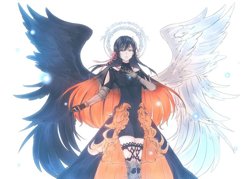 1girl asymmetrical_wings black_dress black_feathers black_hair blue_eyes corruption dark_persona dress feathered_wings feathers ff14hioo_oo7 final_fantasy final_fantasy_xiv frilled_thigh_strap fusion gaia_(ff14) gauntlets hair_ribbon halo hand_on_own_chest highres long_hair looking_at_viewer mitron_(ff14) multicolored_hair orange_hair pandora_(ff14) possessed possession revision ribbon ryne_waters solo spoilers square_enix thigh_strap two-tone_hair very_long_hair white_feathers winged_hair_ornament wings