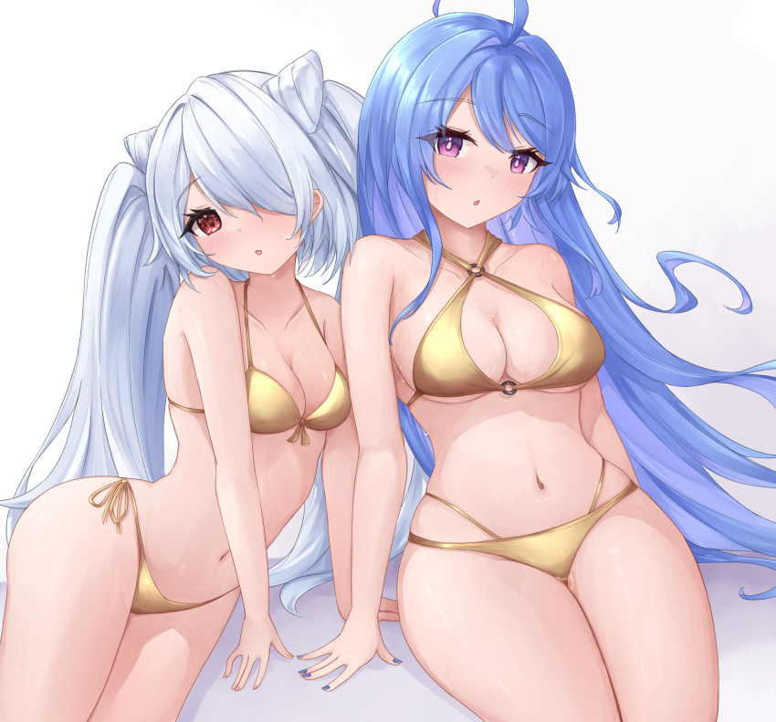 2girls :o absurdres ahoge alternate_costume arm_support azur_lane bikini blue_hair blue_nails commentary criss-cross_halter english_commentary gold_bikini grey_hair hair_intakes halterneck helena_(azur_lane) highres kiev_(azur_lane) kyl490 long_hair looking_at_viewer multiple_girls nail_polish navel o-ring o-ring_bikini o-ring_top purple_eyes red_eyes sitting stomach swept_bangs swimsuit thighs twintails very_long_hair white_background
