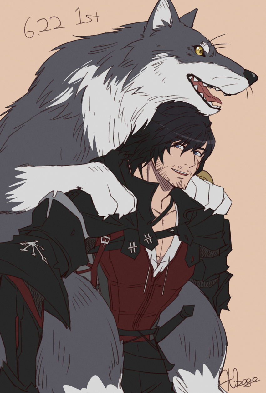 animal armor banana_gyuunyuu beard beard_stubble black_armor black_cape black_hair cape chinstrap_beard clive_rosfield dog drawstring facial_hair fangs final_fantasy final_fantasy_xvi grey_fur grey_wolf highres holding holding_animal holding_dog mustache_stubble open_mouth scar scar_on_face smile stubble tied_drawstring torgal_(ff16) whiskers wolf