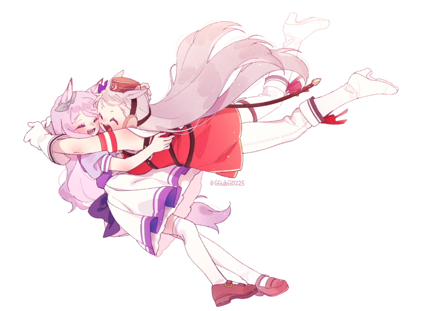 2girls ^_^ animal_ears armband blush boots bow breasts brown_footwear brown_headwear closed_eyes dress ear_bow full_body ggubii0225 glomp gloves gold_ship_(umamusume) grey_hair hat high_heel_boots high_heels highres horse_ears horse_girl horse_tail hug long_hair mejiro_mcqueen_(umamusume) multiple_girls open_mouth pants petticoat puffy_short_sleeves puffy_sleeves purple_hair purple_shirt red_dress school_uniform shirt shoes short_sleeves simple_background skirt sleeveless sleeveless_dress small_breasts smile tail thighhighs tracen_school_uniform twitter_username umamusume white_background white_footwear white_gloves white_pants white_skirt white_thighhighs