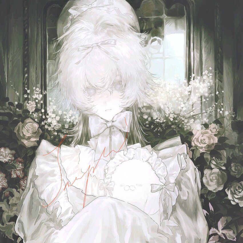 1girl androgynous bonnet bow bowtie capekachuu dress expressionless flower frilled_dress frills hair_between_eyes hair_bow hair_ribbon hat highres holding indoors long_sleeves looking_at_viewer medium_hair mirror original pale_skin parted_lips pink_flower pink_rose purple_eyes ribbon rose sample_watermark sleeves_past_fingers sleeves_past_wrists solo stuffed_toy upper_body watermark white_bow white_bowtie white_dress white_flower white_hair white_rose window