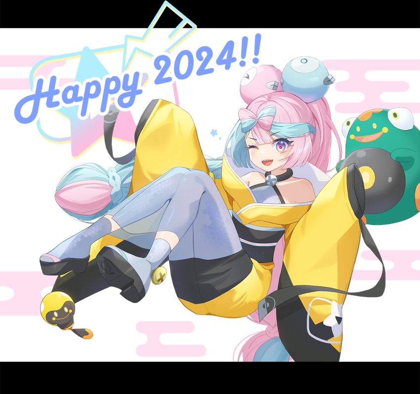 1girl adapted_costume alternate_hairstyle bellibolt coletta_(colet_colettia) highres iono_(pokemon) japanese_clothes kimono nintendo pokemon pokemon_sv ponytail solo tadbulb