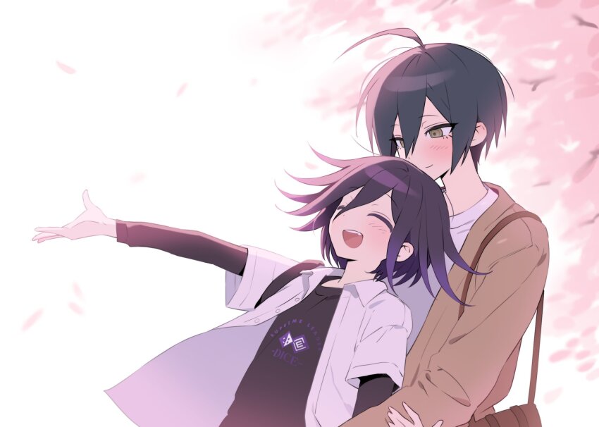 ahoge bag black_hair black_shirt blush brown_eyes brown_jacket cherry_blossoms closed_eyes danganronpa_(series) danganronpa_v3:_killing_harmony gradient_hair hair_between_eyes highres jacket kishu11037 long_sleeves lower_eyelashes_only male_focus multicolored_hair multiple_boys oma_kokichi open_clothes open_jacket open_mouth petals purple_hair saihara_shuichi shirt smile upper_body white_shirt yaoi