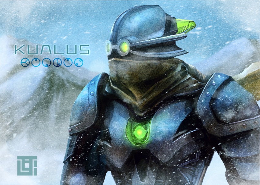 bionicle brown_scarf character_name glowing glowing_eyes green_eyes highres humanoid_robot kanohi_(bionicle) kozsen_810290 kualus_(bionicle) mask matoran_language mountain robot scarf snowing solo the_lego_group upper_body