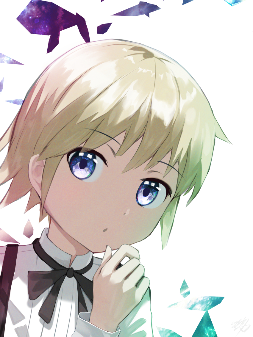 1boy :o absurdres blonde_hair blue_eyes child choppy_bangs dutch_angle eye_reflection falma_de_medicis headshot hidulume highres isekai_yakkyoku long_sleeves looking_at_viewer male_focus pleated_shirt reflection shirt short_hair suspenders thinking upper_body white_background white_shirt