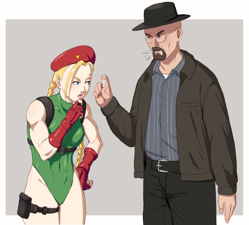 1boy 1girl absurdres beard belt blonde_hair blue_eyes breaking_bad cammy_white crossover drugs facial_hair fingerless_gloves francisco_mon gloves hat highres jacket leotard long_hair long_sleeves matching_second_name pants sleeveless street_fighter walter_white
