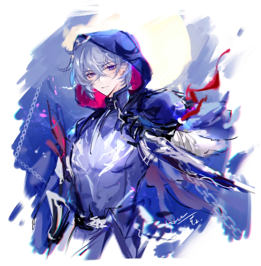 1boy absurdres arm_at_side bandaged_wrist bandages black_gloves chain chromatic_aberration closed_mouth compression_shirt cowboy_shot cropped_jacket crossed_bangs dagger expressionless feathers full_moon gloves grey_hair hair_between_eyes hand_up highres holding holding_dagger holding_knife holding_weapon honkai:_star_rail honkai_(series) hood hood_up jacket knife looking_at_viewer luludeer386 male_focus moon moze_(honkai:_star_rail) purple_eyes purple_jacket purple_shirt red_feathers red_pupils reverse_grip shirt short_hair sideways_glance signature single_sidelock solo two-sided_fabric weapon white_background