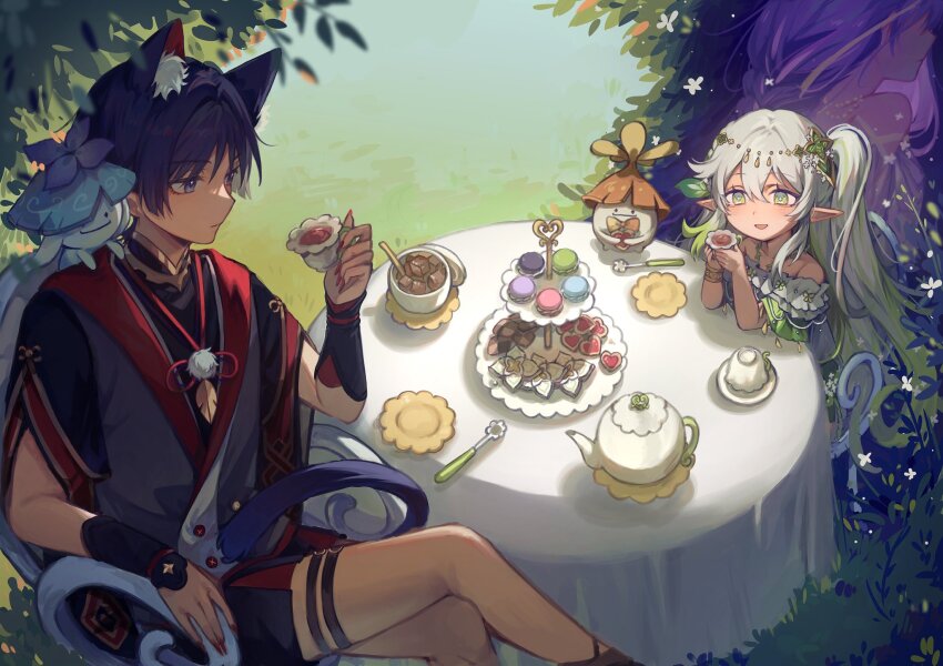 1boy 2girls adapted_costume alternate_costume alternate_skin_color animal_ear_fluff animal_ears aranara_(genshin_impact) ararycan_(genshin_impact) arm_rest armor bare_shoulders bead_necklace beads biscuit_(bread) black_shirt black_sleeves blunt_ends blush bracelet braid bright_pupils cat_boy cat_ears cat_tail chair closed_mouth collarbone creature creature_on_shoulder cross-shaped_pupils crossed_legs cup dress elbow_rest eyelashes eyeliner eyeshadow facing_to_the_side feathers fingernails food frilled_dress frills genshin_impact gold gold_trim grass green_eyes green_hair green_sleeves grey_shirt hair_between_eyes hair_ornament half_crown_braid halvamazd_(genshin_impact) heart heart-shaped_food highres holding holding_cup japanese_armor jewelry kote kurokote layered_sleeves leaf leaf_hair_ornament long_hair looking_at_another low-braided_long_hair low-tied_long_hair macaron makeup mandarin_collar multicolored_hair multiple_girls nahida_(genshin_impact) neck_ring necklace obscured_eyes off-shoulder_dress off_shoulder on_shoulder open_hand open_mouth outdoors plant plate pointy_ears pom_pom_(clothes) purple_dress purple_eyes purple_hair raglan_sleeves raiden_shogun red_eyeliner red_eyeshadow red_nails red_sleeves red_trim scaramouche_(genshin_impact) sharp_fingernails shirt short_sleeves side_ponytail sidelocks sitting source_request split_mouth spoon streaked_hair string sugar_cube symbol-shaped_pupils table tablecloth tail tea_party teacup teapot thigh_strap tsurime undershirt v-neck vines white_dress white_hair white_pupils wispy_bangs yellow_feathers yunhhj