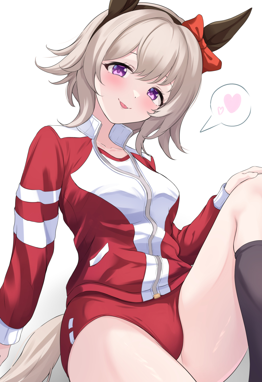 1girl absurdres animal_ears black_socks blush bow breasts buruma curren_chan_(umamusume) ear_bow ear_covers grey_hair hair_ornament hair_ribbon highres horse_ears horse_girl horse_tail knee_up looking_at_viewer maimuu medium_breasts purple_eyes red_buruma ribbon school_uniform short_hair simple_background smile socks solo tail tongue tongue_out tracen_school_uniform umamusume white_background
