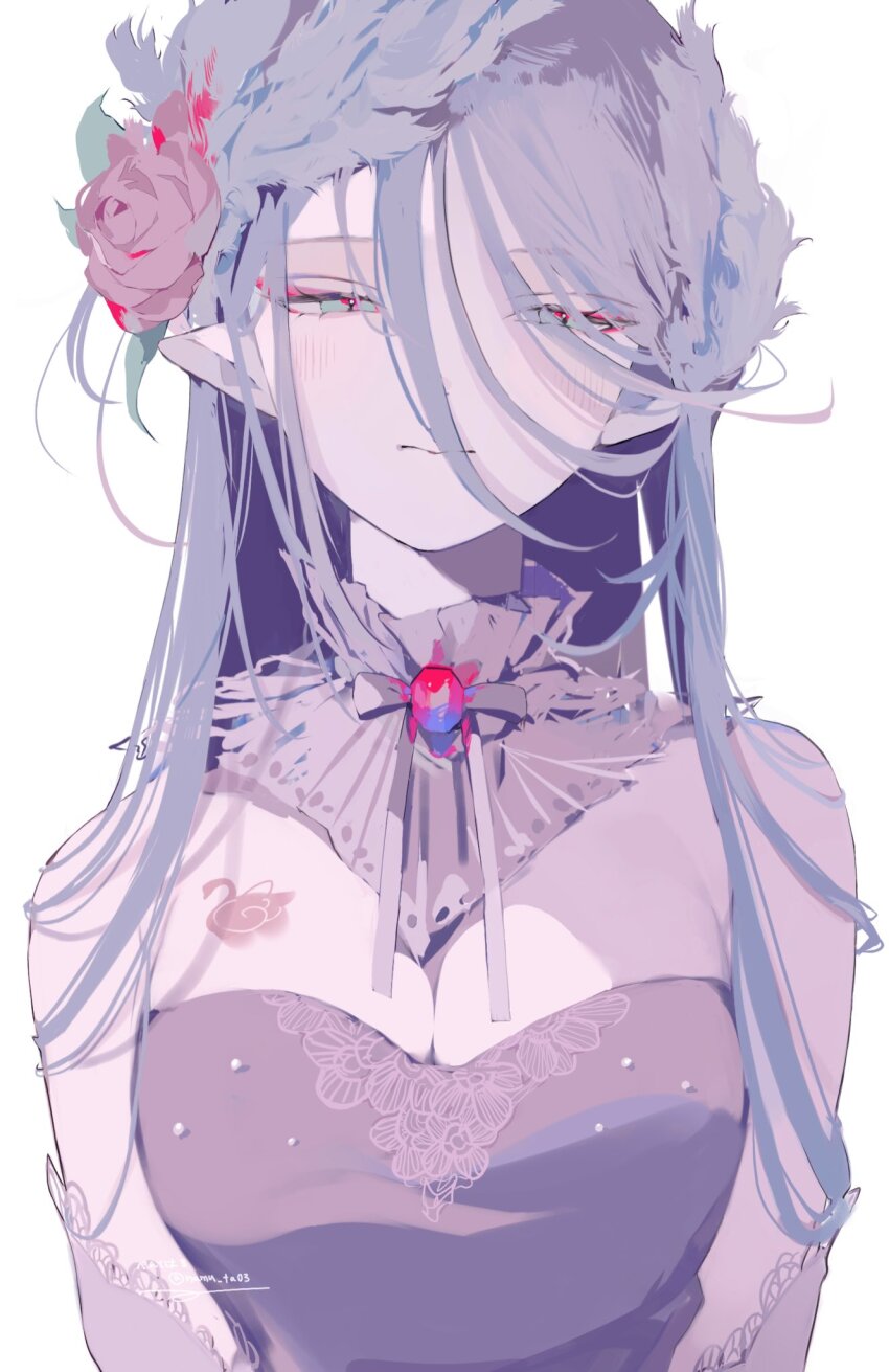 arms_at_sides artist_name bird bow bowtie breast_tattoo breasts cleavage closed_mouth collar dress elbow_gloves feather_hair_ornament feathers flower gem gloves green_eyes grey_collar grey_dress grey_feathers grey_gloves hair_between_eyes hair_flower hair_ornament half-closed_eyes highres lace lace-trimmed_gloves lace_trim large_breasts leaf leaf_hair_ornament long_hair looking_at_viewer namu_ta03 original pointy_ears purple_hair red_flower red_gemstone red_rose rose simple_background sleeveless sleeveless_dress straight-on strapless strapless_dress swan tattoo twitter_username upper_body white_background