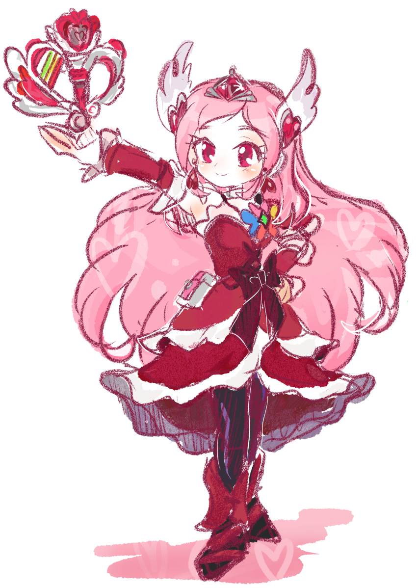 1girl bow choker cure_passion dress fresh_precure! hair_ornament heart heart_hair_ornament higashi_setsuna highres jewelry long_hair magical_girl pantyhose pink_hair precure rakugaki_shitagari-ya red_eyes smile solo white_choker wrist_cuffs