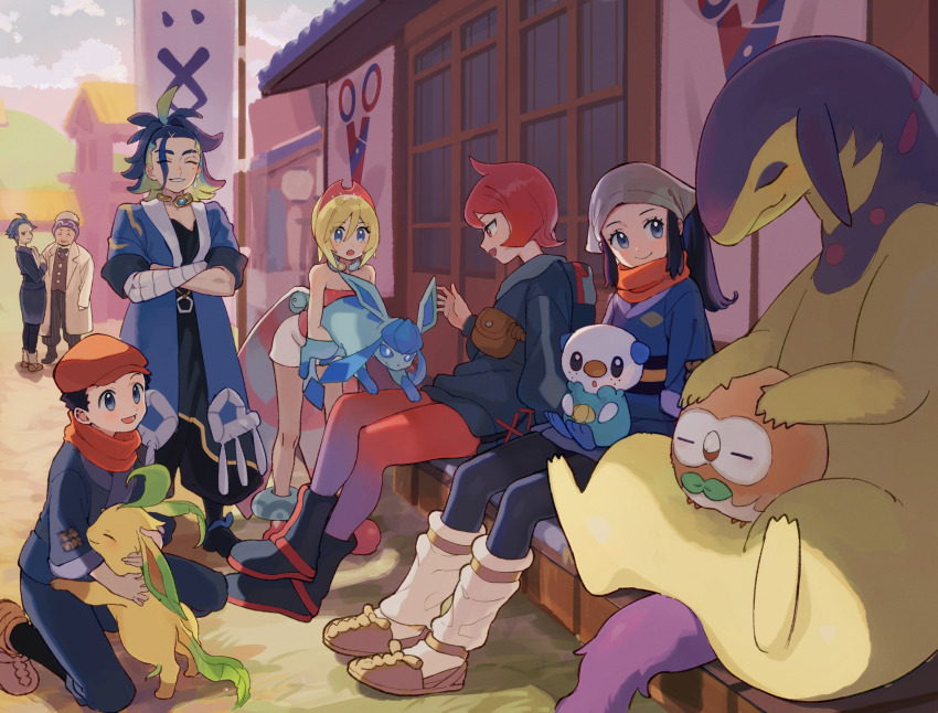 3boys 4girls adaman_(pokemon) akari_(pokemon) anklet arezu_(pokemon) beanie black_footwear black_hair blonde_hair blue_coat blue_hair boots brown_vest building buttons coat collar cowlick crossed_arms cyllene_(pokemon) day earrings furukawa_raku gen_4_pokemon gen_5_pokemon gen_7_pokemon glaceon grey_headwear hat headscarf highres hisuian_typhlosion holding holding_pokemon irida_(pokemon) jacket jewelry knees professor_laventon leafeon logo long_hair loose_socks multiple_boys multiple_girls nintendo on_lap on_one_knee open_clothes open_coat oshawott outdoors pants pantyhose parted_lips pokemon pokemon_(creature) pokemon_legends:_arceus pokemon_on_lap ponytail purple_headwear red_hair rei_(pokemon) rowlet scarf shirt shoes short_hair shorts sitting skirt smile socks strapless strapless_shirt vest white_headscarf white_shorts