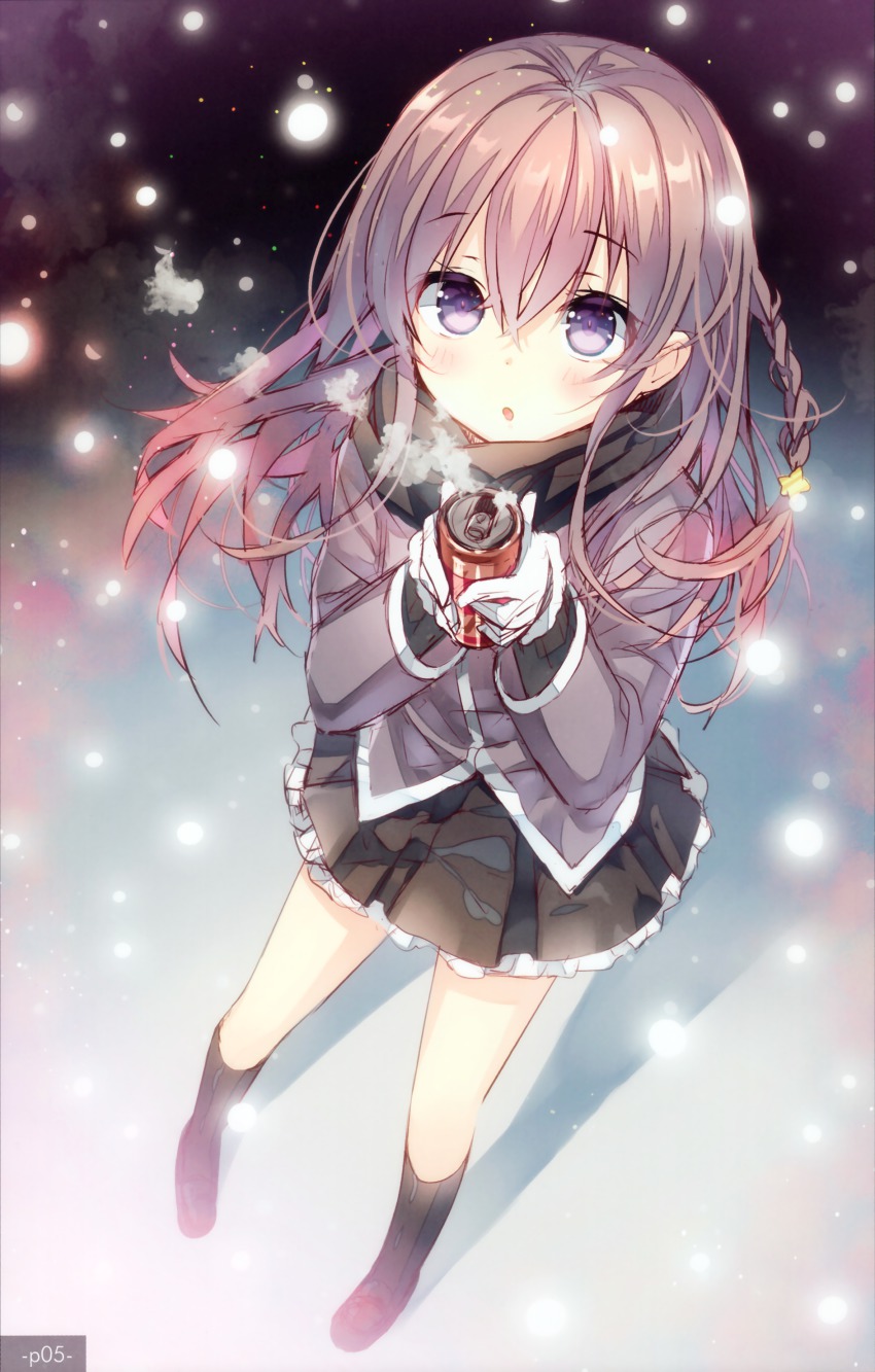 1girl absurdres blush braid brown_hair drink female_focus gloves hair_ornament highres holding kneehighs long_hair purple_eyes scarf school_uniform shoes skirt snow snowing socks solo star_(symbol) star_hair_ornament steam white_gloves yadapot