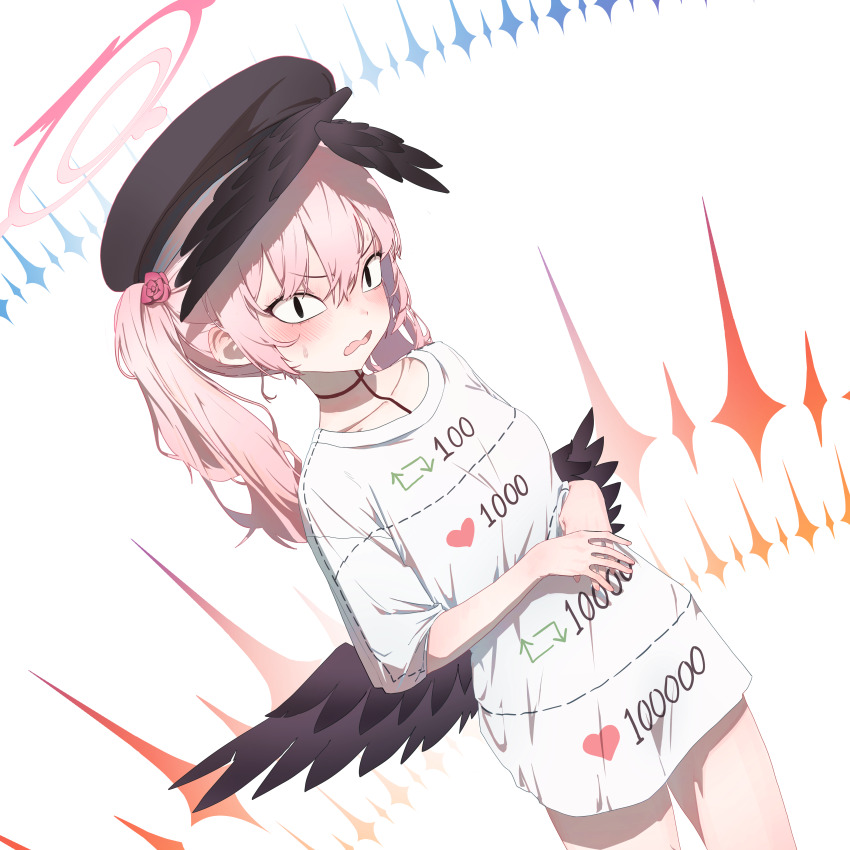 &lt;|&gt;_&lt;|&gt; 1girl absurdres black_hat black_wings blue_archive blush breasts commentary_request dutch_angle feathered_wings halo hat head_wings highres ilyowal koharu_(blue_archive) looking_at_viewer medium_hair open_mouth own_hands_together pink_hair pink_halo shirt small_breasts solo three-quarter_sleeves twintails twitter_cutting_game white_shirt wings