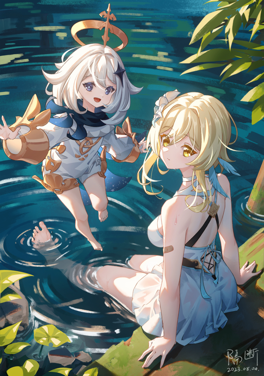 2023 2girls :d bare_arms bare_legs barefoot blonde_hair blue_eyes breasts closed_mouth commentary_request dated day dress flower geduan genshin_impact hair_flower hair_ornament highres long_hair long_sleeves looking_at_viewer lumine_(genshin_impact) medium_breasts multiple_girls open_mouth paimon_(genshin_impact) revision romper short_dress short_hair_with_long_locks shorts sideboob sidelocks signature sleeveless sleeveless_dress smile soaking_feet wet wet_clothes wet_dress white_dress white_flower white_hair white_romper white_shorts yellow_eyes