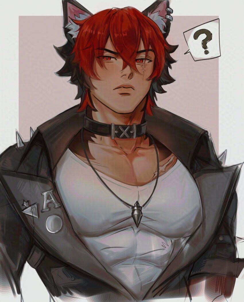 1boy ? absurdres animal_ears black_choker black_jacket choker ear_piercing highres jacket jewelry komano_manato large_pectorals male_focus multicolored_hair muscular muscular_male necklace nokkusuart pectorals piercing red_eyes scar scar_on_face shirt short_hair solo white_shirt zenless_zone_zero