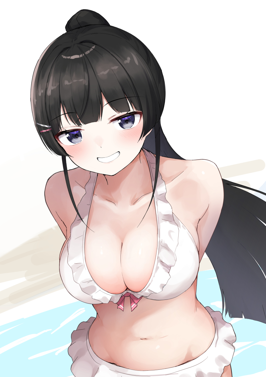 1girl absurdres arms_behind_back bikini bikini_skirt black_hair blue_eyes blunt_bangs breasts cleavage commission frilled_bikini frills grin highres kurenai_rock large_breasts long_hair nijisanji pixiv_commission ponytail smile solo swimsuit tsukino_mito upper_body virtual_youtuber white_bikini