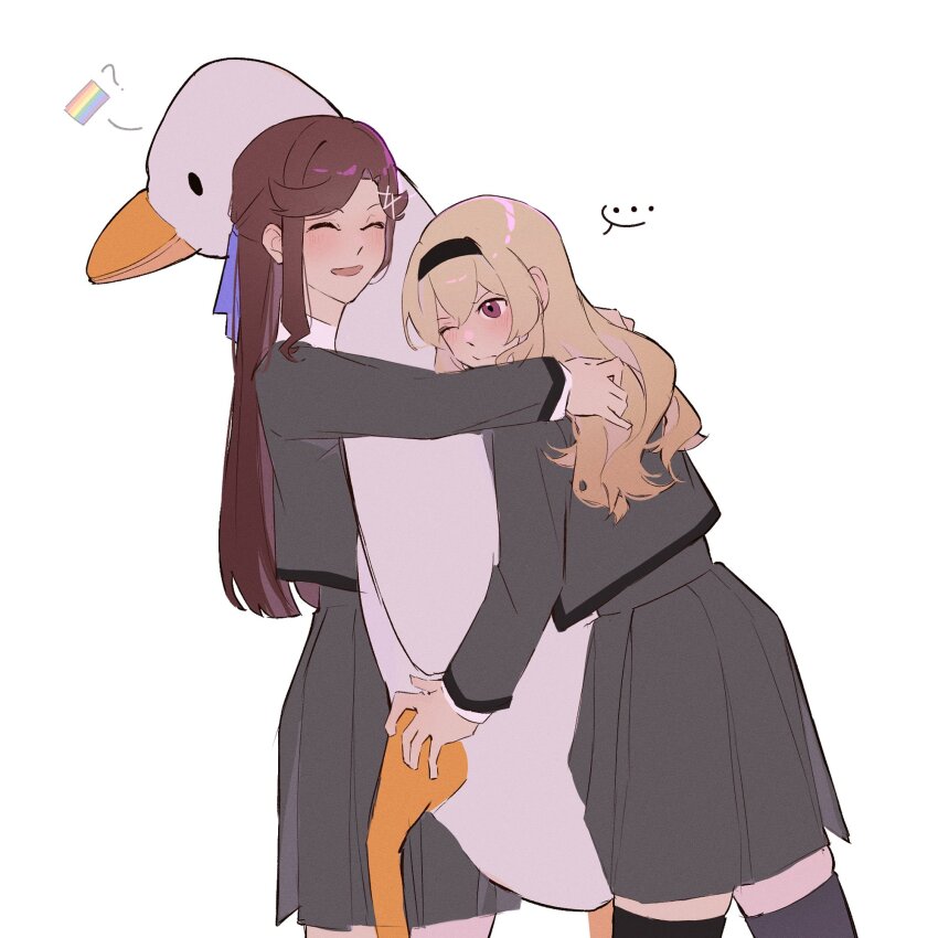 ... 2girls :d ^_^ black_hairband black_thighhighs blonde_hair brown_eyes brown_hair closed_eyes closed_mouth collared_shirt commentary cowboy_shot curled_fingers curtained_hair doll facing_another grey_jacket grey_skirt hair_between_eyes hair_ornament hairband hands_on_another&#039;s_shoulders hashtag-only_commentary highres holding holding_doll hug hugging_doll hugging_object jacket light_blush long_hair long_sleeves meme multiple_girls one_eye_closed open_mouth pleated_skirt pride_flag_question_mark_(meme) purple_ribbon raven_(rnzraven) ribbon ribbon_hair saijou_claudine school_uniform seishou_music_academy_uniform shirt shoujo_kageki_revue_starlight sidelocks simple_background skirt smile spoken_ellipsis straight_hair stuffed_animal stuffed_duck stuffed_toy tendou_maya thighhighs wavy_hair white_background white_shirt x_hair_ornament yuri