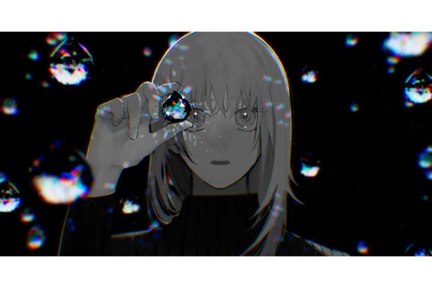 1girl commentary crystal english_commentary gem hand_up hasuhasuhasu0127 highres holding holding_crystal letterboxed light_particles long_hair long_sleeves looking_at_viewer monochrome multicolored_gemstone original parted_lips prism ribbed_sweater simple_background solo sparkle spot_color straight-on sweater turtleneck turtleneck_sweater