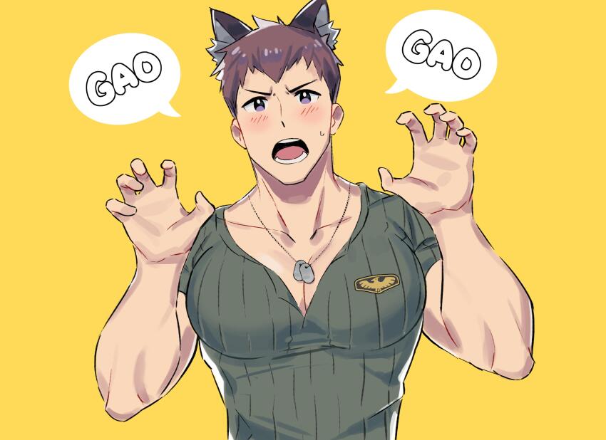 1boy absurdres animal_ears bara blush brown_hair green_shirt highres idolmaster idolmaster_side-m large_pectorals male_focus milkiato muscular muscular_male open_mouth paw_pose pectoral_cleavage pectorals purple_eyes shingen_seiji shirt short_hair simple_background solo speech_bubble upper_body wolf_boy wolf_ears yellow_background