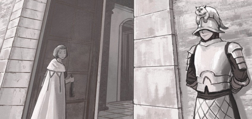 1boy 1girl armor arms_behind_back bottle cat cloak covered_eyes door drunk fire_emblem fire_emblem:_three_houses gate gatekeeper_(fire_emblem) helm helmet highres holding holding_bottle manuela_casagranda monochrome nintendo smile squinting vetsa wine_bottle