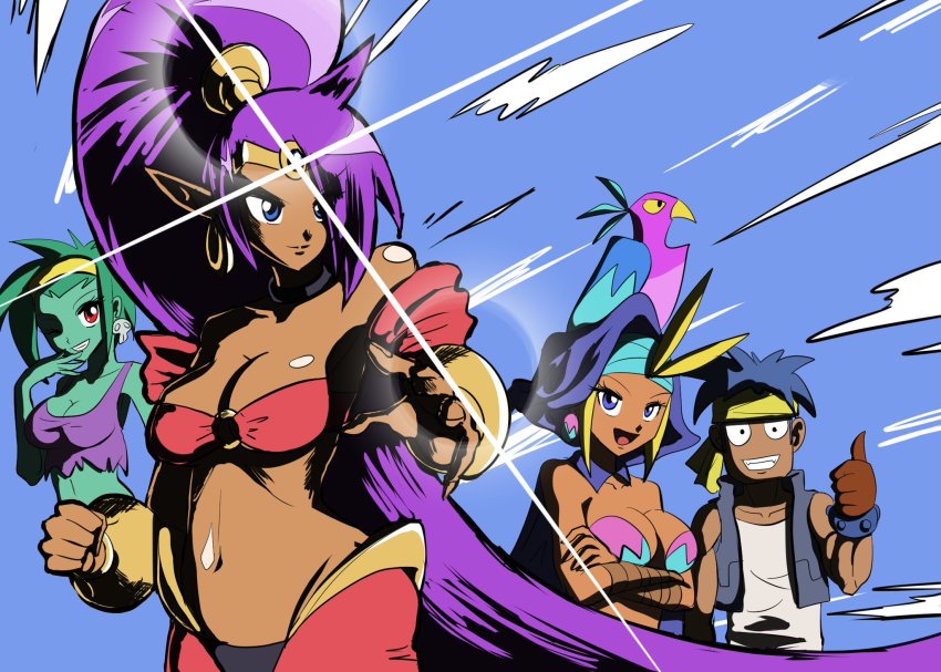 1boy 3girls blonde_hair blue_hair bolo_(shantae) bra breasts cleavage colored_skin dark-skinned_female dark_skin green_hair green_skin highres jacket long_hair multiple_girls pants purple_hair rottytops ruru_(sonicboom30813) shantae shantae_(series) sky_(shantae) sleeveless underwear very_long_hair zombie