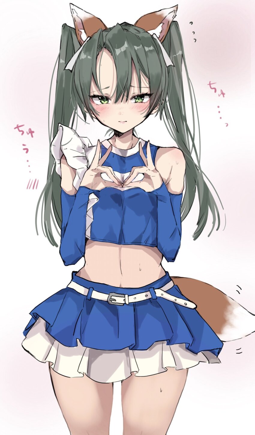 1girl animal_ears belt blue_shirt blue_skirt cheerleader chigasaki_yukari cowboy_shot crop_top detached_sleeves double_fox_shadow_puppet embarrassed fake_animal_ears fake_tail fox_ears fox_shadow_puppet fox_tail green_eyes grey_hair highres hokkaido_nippon-ham_fighters kantai_collection layered_skirt midriff nippon_professional_baseball shirt skirt sleeveless sleeveless_shirt solo standing tail twintails white_background white_belt zuikaku_(cheerleader)_(kancolle) zuikaku_(kancolle)