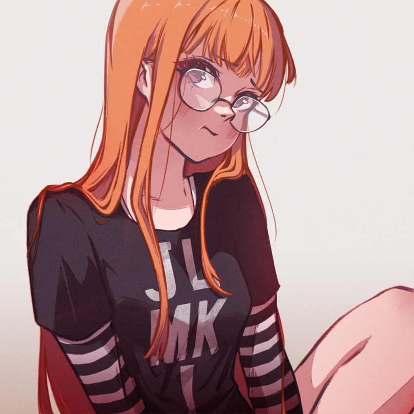 1girl :t black_shirt blush breasts closed_mouth glasses long_sleeves looking_at_viewer monokarumaru orange_hair persona persona_5 pout print_shirt purple_eyes sakura_futaba shirt simple_background sitting small_breasts solo striped_sleeves