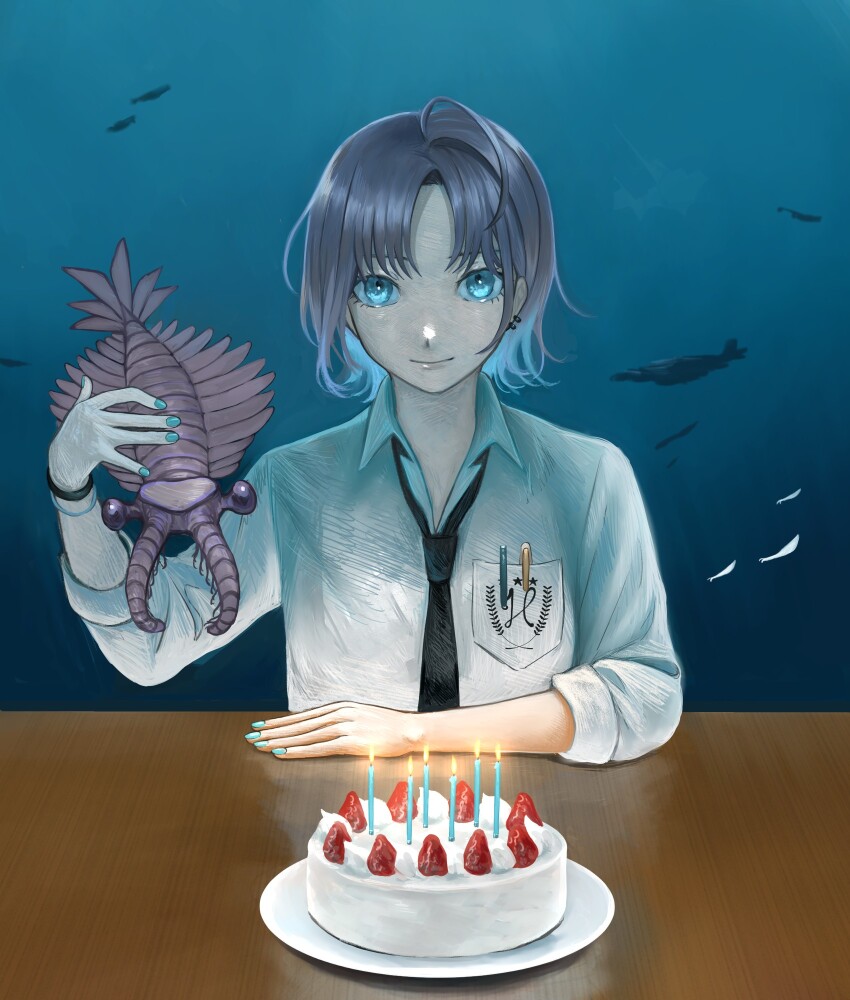 1girl animal anomalocaris arm_on_table asakura_toru birthday_cake black_necktie blue_eyes blue_hair blue_nails bracelet breast_pocket cake candle closed_mouth collared_shirt colored_inner_hair fish food fruit grey_hair hand_up highres idolmaster idolmaster_shiny_colors jewelry looking_at_viewer multicolored_hair necktie petting pocket shirt short_hair sleeves_rolled_up smile solo straight-on strawberry surreal table three-quarter_sleeves underwater white_shirt yamaichi_(yama3ichi4)