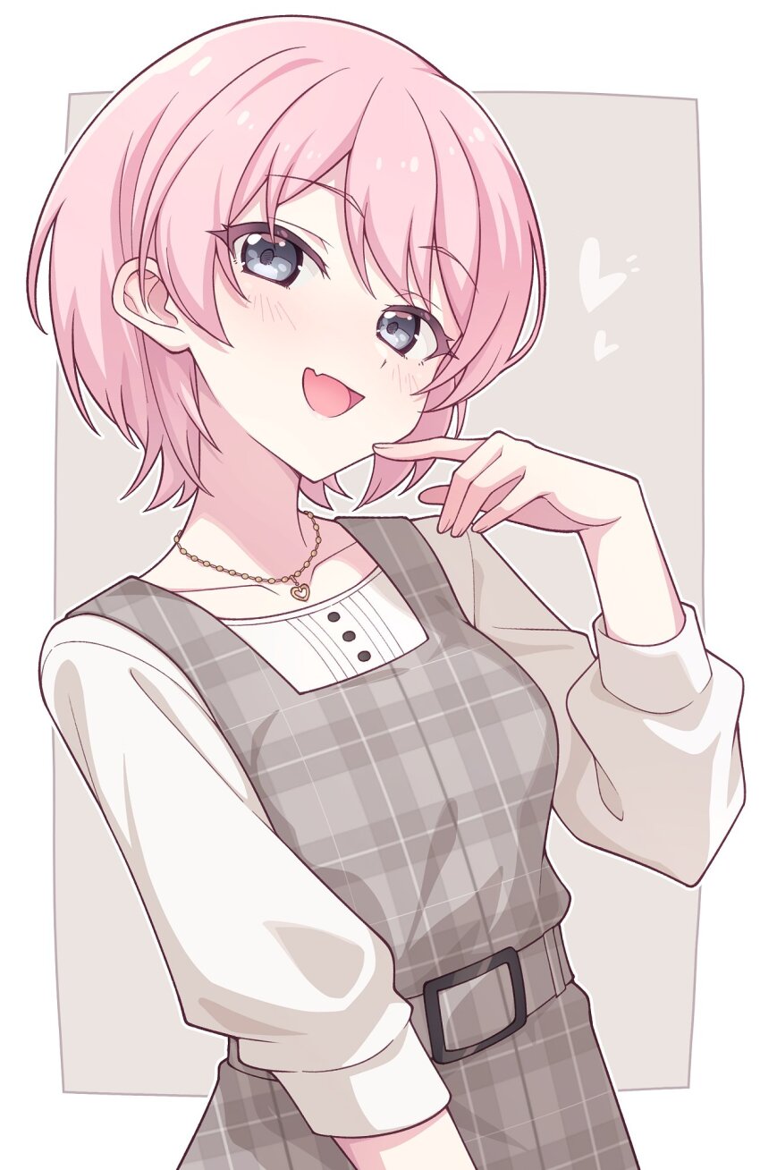 1girl alternate_hair_length alternate_hairstyle bang_dream! bang_dream!_it&#039;s_mygo!!!!! blush border chihaya_anon collarbone commentary dress e20 fang grey_background grey_eyes heart highres jewelry looking_at_viewer necklace open_mouth outside_border pinafore_dress pink_hair plaid_clothes plaid_dress shirt short_hair skin_fang sleeveless sleeveless_dress solo three-quarter_sleeves white_border white_shirt