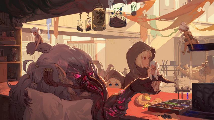 6+girls absurdres bikini blonde_hair blue_eyes blush_stickers breasts cloak coin_purse commentary_request counter earrings fairy fairy_wings fantasy from_inside gold highres hood hood_up hooded_cloak jewelry large_breasts long_hair market mask multiple_girls original pointy_ears ponytail red_eyes revision shop short_hair swimsuit wangxiii white_hair wings