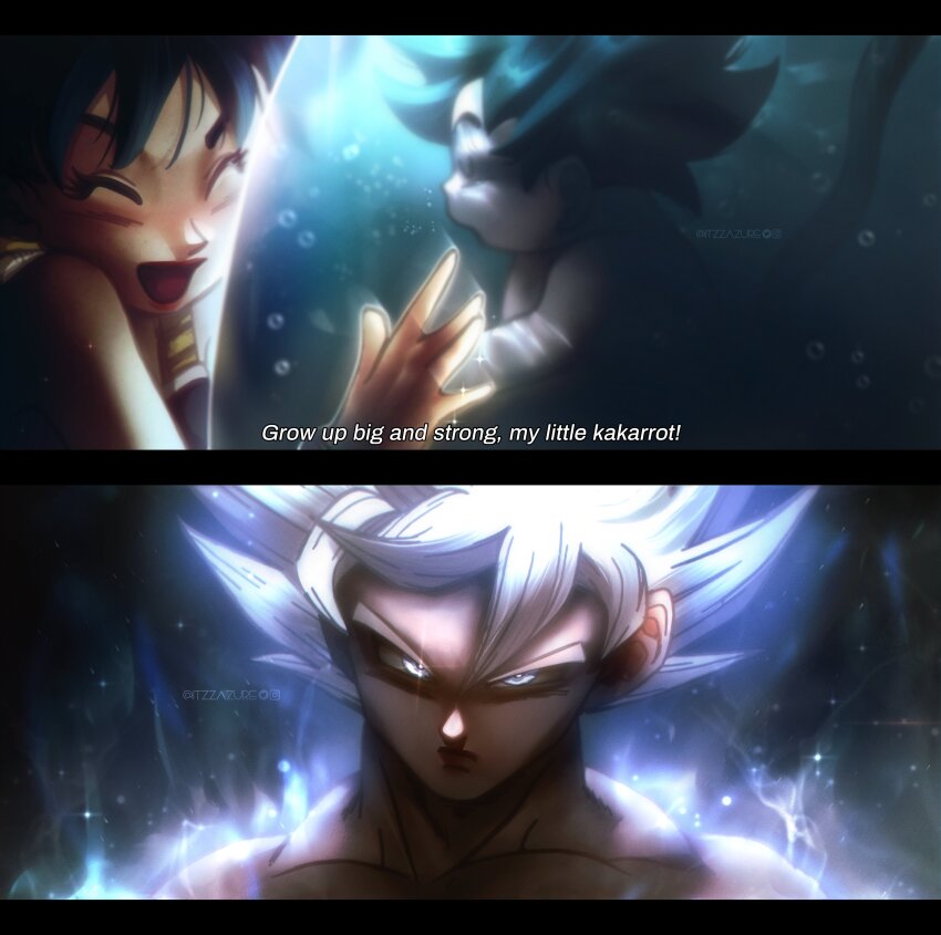 1boy 1girl absurdres blush bubble closed_eyes dragon_ball dragon_ball_minus dragonball_z english_text gine highres itzzazure letterboxed open_mouth son_goku spiked_hair super_saiyan twitter_username ultra_instinct white_eyes white_hair