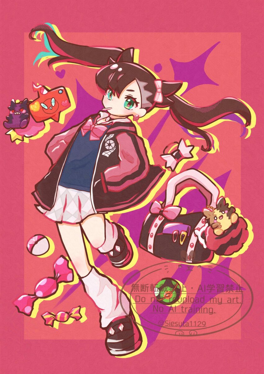 1girl asymmetrical_bangs black_hair bow bowtie candy choker closed_mouth dusk_ball earrings eating food gen_4_pokemon gen_8_pokemon gokuaku_rabbit green_eyes hair_bow highres jacket jewelry lollipop lollipop_in_mouth long_sleeves looking_at_viewer marnie_(academy)_(pokemon) marnie_(pokemon) morpeko morpeko_(full) morpeko_(hangry) nintendo official_alternate_costume open_clothes open_jacket pink_bow pink_bowtie poke_ball poke_ball_(basic) pokemon pokemon_masters_ex rotom rotom_phone school_uniform skirt socks twintails white_socks