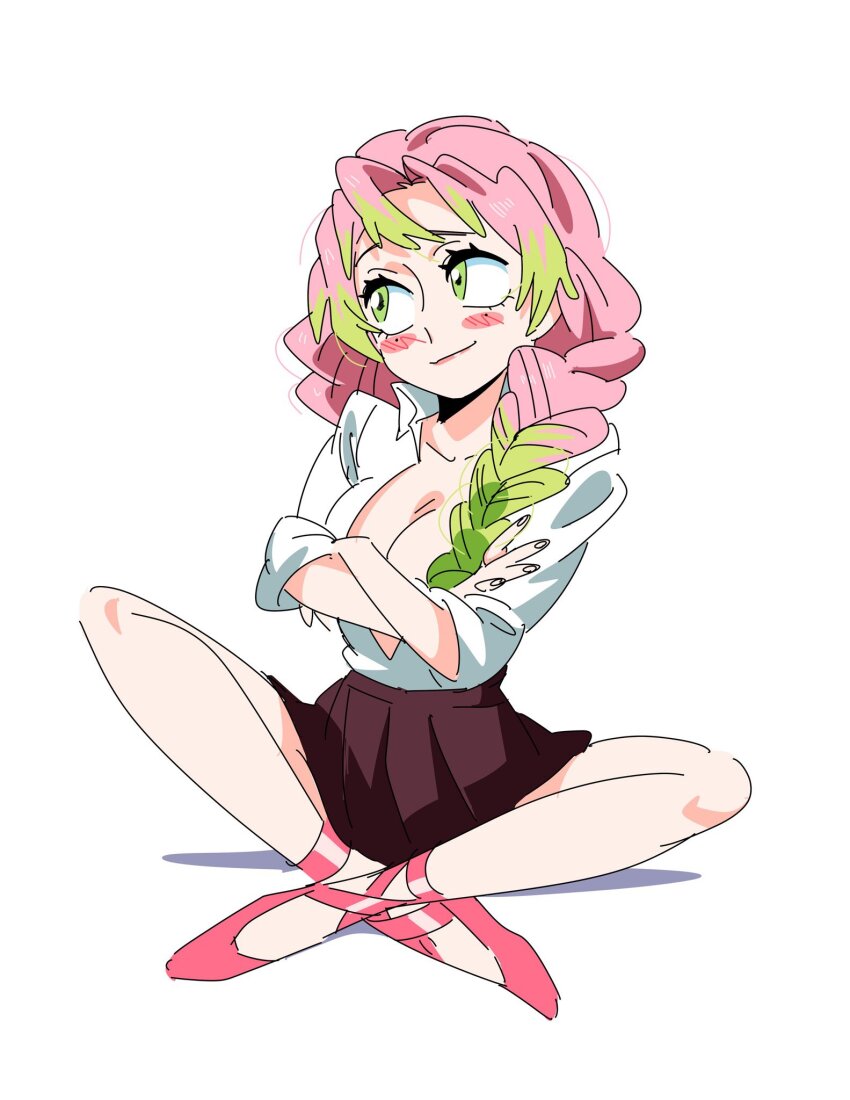 1girl ballet_slippers black_skirt blush_stickers braid breasts cleavage collarbone commentary crossed_arms full_body green_eyes green_hair hashtag-only_commentary highres indian_style kanroji_mitsuri kimetsu_no_yaiba long_hair looking_to_the_side mole mole_under_each_eye mole_under_eye multicolored_hair multiple_moles pink_hair pink_shoes pleated_skirt shirt shoes simple_background sitting skirt solo soyeonp19 two-tone_hair white_background white_shirt