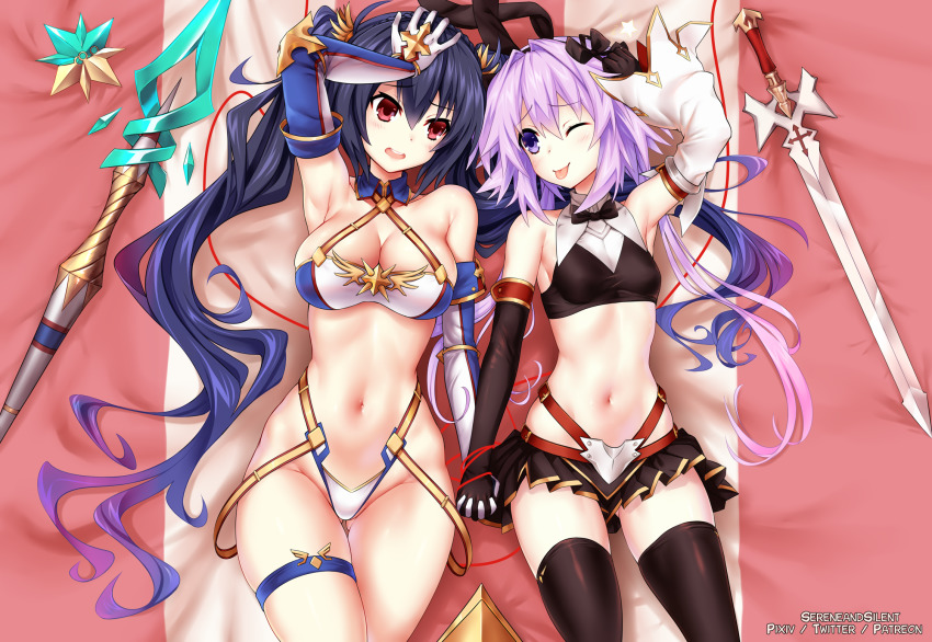 2girls ;p animal_ears armpits artist_name astolfo_(fate) astolfo_(saber)_(fate) astolfo_(saber)_(fate)_(cosplay) astolfo_(saber)_(first_ascension)_(fate) bare_shoulders bed_sheet bikini black_bow black_gloves black_hair black_legwear black_neckwear black_ribbon black_skirt blue_bikini blush bow bowtie bradamante_(fate) bradamante_(fate)_(cosplay) bradamante_(third_ascension)_(fate) breasts cleavage collarbone commentary cosplay cowboy_shot criss-cross_halter crop_top detached_collar elbow_gloves fake_animal_ears fate/grand_order fate_(series) gloves gradient_hair groin hair_between_eyes hair_bow hair_intakes hair_ornament hair_ribbon hair_spread_out halterneck hand_on_own_head highleg highleg_bikini highres holding_hands interlocked_fingers large_breasts long_hair looking_at_another low_twintails lying medium_breasts midriff miniskirt multicolored_bikini multicolored_hair multiple_girls navel neptune_(neptunia) neptune_(series) noire_(neptunia) on_back one_eye_closed open_mouth pleated_skirt purple_eyes purple_hair rabbit_ears red_eyes revealing_clothes ribbon scepter sereneandsilent side-by-side sidelocks single_sleeve skirt smile string string_of_fate swimsuit sword taut_clothes teeth thigh_strap thighhighs tongue tongue_out twintails two-tone_bikini upper_teeth_only very_long_hair weapon white_bikini white_gloves white_sleeves wing_collar