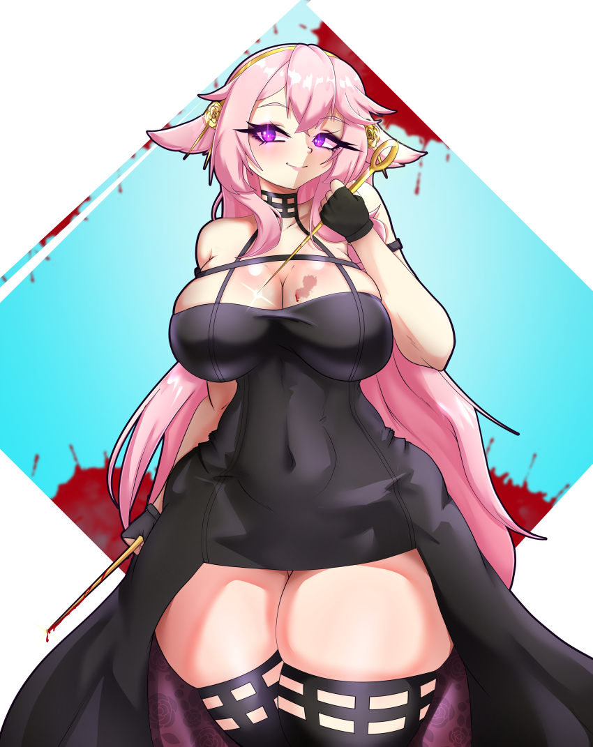 1girl absurdres animal_ears black_choker black_dress black_gloves black_thighhighs blood bloody_weapon blush breasts choker cleavage collarbone commentary cosplay covered_navel dress english_commentary fingerless_gloves fox_ears genshin_impact gloves highres holding holding_knife knife long_hair miyako.noh pink_hair purple_eyes skindentation smile solo spy_x_family thick_thighs thighhighs thighs very_long_hair weapon yae_miko yor_briar yor_briar_(cosplay)