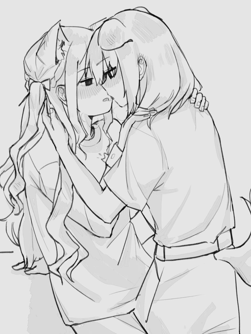 2girls after_kiss animal_ears bang_dream! bang_dream!_it&#039;s_mygo!!!!! blush cat_ears commentary dangerous_foot dog_ears dog_girl dog_tail eye_contact greyscale hands_on_another&#039;s_shoulders highres kemonomimi_mode leg_between_thighs long_sleeves looking_at_another misumi_uika monochrome multiple_girls parted_lips saliva saliva_trail short_sleeves skirt symbol-only_commentary tail togawa_sakiko two_side_up yuri