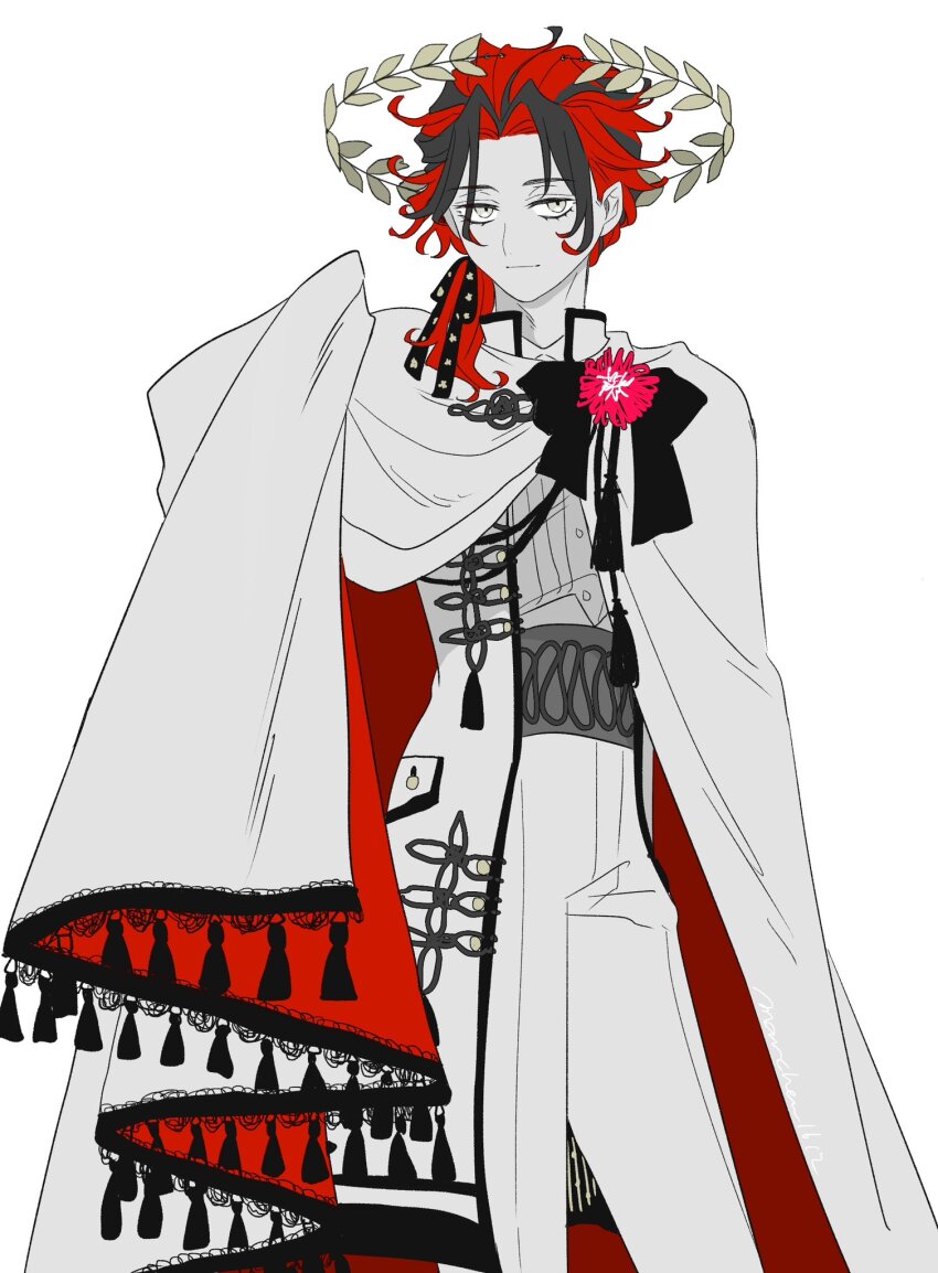 1boy black_hair cloak curly_hair dante_alighieri_(fate) fate/grand_order fate_(series) feet_out_of_frame floating_crown grey_eyes hair_over_shoulder hair_ribbon hasu_(marchen1612) highres jacket laurel_crown long_sleeves looking_at_viewer male_focus medium_hair multicolored_hair pants ponytail red_hair ribbon shirt simple_background smile solo tassel two-tone_hair white_background white_cloak