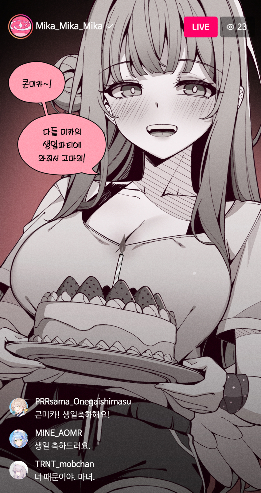 1girl alternate_costume birthday_cake blonde_hair blue_archive blue_hair blunt_bangs blush breasts cake cleavage closed_mouth food from_below green_eyes greyscale_with_colored_background hair_bun hat hifumi_(blue_archive) highres holding holding_plate kyoto_mogu large_breasts long_hair looking_at_viewer mika_(blue_archive) mine_(blue_archive) no_eyes nurse_cap open_mouth plate shirt short_shorts shorts sidelocks single_side_bun tea_party_militant_(blue_archive) teeth upper_teeth_only white_hat wristband yellow_eyes