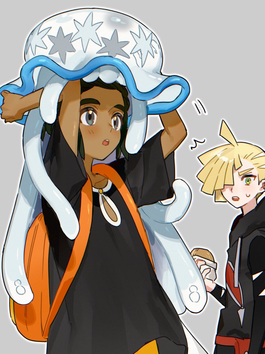 2boys ^^^ arms_up asymmetrical_hair backpack bag black_hair black_hoodie black_shirt blonde_hair blush clothing_cutout commentary_request dark-skinned_male dark_skin drawstring food food_wrapper fua1heyvot4ifsr gen_7_pokemon gladion_(pokemon) green_eyes grey_background grey_eyes hau_(pokemon) highres holding holding_food hood hood_down hoodie long_sleeves looking_up male_focus multiple_boys nervous_sweating nihilego nintendo on_head open_mouth orange_bag pokemon pokemon_(creature) pokemon_sm print_hoodie shirt short_hair short_sleeves surprised sweat sweatdrop teeth ultra_beast upper_teeth_only wide_sleeves